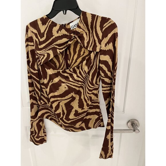 GANNI Cutout tiger-print silk-blend satin blouse Size US 4 EU 36 - Picture 6 of 12